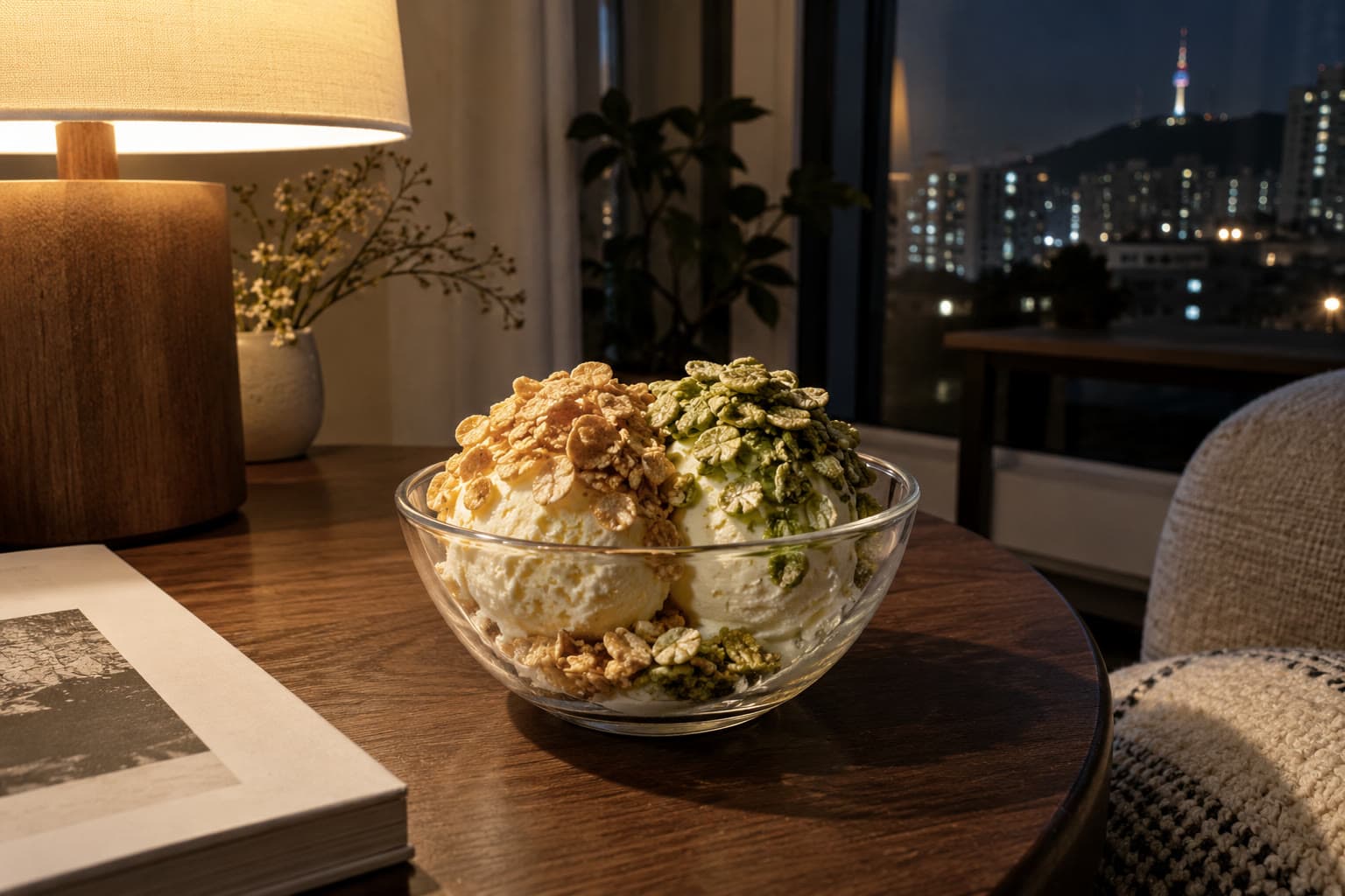 아이스크림 크런치 — 밤, 바닐라 아이스크림에 두 맛 반반